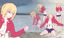 Rule 34 | 1girl, akai haato, akai haato (casual), aqua eyes, beach, blonde hair, collarbone, commentary, covering face, day, dramatic dmitry (meme), dress, english commentary, hair between eyes, hands on own face, highres, hololive, hood, hood down, hooded jacket, jacket, jisas, kneeling, long sleeves, medium hair, meme, multiple views, official alternate costume, official alternate hairstyle, on ground, one side up, outdoors, outstretched arms, photo background, red jacket, red ribbon, ribbon, sad, sand, short dress, sidelocks, standing, virtual youtuber, white dress