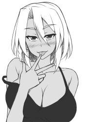 Rule 34 | 1girl, bad id, bad twitter id, blush, breasts, camisole, cleavage, collarbone, dark-skinned female, dark skin, greyscale, half-closed eyes, large breasts, licking, licking finger, monochrome, original, peach88, solo, strap slip, tongue, tongue out, upper body