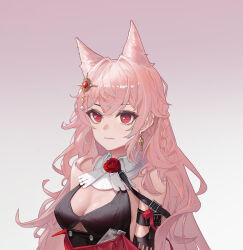 Rule 34 | 1girl, absurdres, animal ear fluff, animal ears, arknights, bare shoulders, bikini, bikini top only, black bikini, breasts, cleavage, closed mouth, earrings, extra ears, flower, gradient background, hair ornament, highres, jewelry, large breasts, long hair, nutnutbunny, pink background, pink hair, pozyomka (arknights), red eyes, red flower, red rose, rose, swimsuit, upper body, very long hair, white background, wolf ears