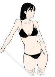 Rule 34 | 1girl, absurdres, arm support, bikini, black bikini, black eyes, black hair, breasts, cleavage, commentary, highres, looking to the side, medium breasts, navel, original, partially submerged, poolside, reflection, reflective water, sakamoto giulietta, short hair, solo, swimsuit, water