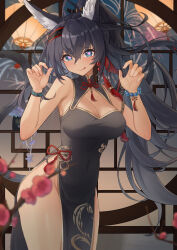 1girl :q absurdres ahoge alternate_costume animal_ears arknights bare_shoulders bead_bracelet beads black_dress black_hair blaze_(arknights) blaze_the_igniting_spark_(arknights) blue_eyes blush bracelet breasts cat_ears cat_girl cat_tail china_dress chinese_clothes chinese_commentary cleavage cleavage_cutout closed_mouth clothing_cutout commentary_request covered_navel cowboy_shot dress earrings extra_ears fireworks flower hands_up heart heart-shaped_pupils high_ponytail highres indoors infection_monitor_(arknights) jewelry large_breasts large_variant_set long_hair looking_at_viewer naughty_face no_panties pelvic_curtain plum_blossoms ponytail round_window sktre12 sleeveless sleeveless_dress smile solo symbol-shaped_pupils tail tassel tongue tongue_out variant_set very_long_hair window