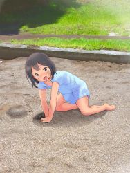 Rule 34 | 1girl, :d, all fours, anyannko, bad id, bad pixiv id, barefoot, black hair, blue dress, blush, brown eyes, child, dirty, dirty face, dress, grass, hair ornament, hairclip, highres, looking at viewer, open mouth, original, outdoors, photo background, short hair, short sleeves, smile, solo