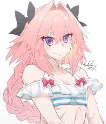 Rule 34 | 1boy, artist name, astolfo (fate), astolfo (sparkling frills) (fate), bare shoulders, bikini, bow, braid, braided ponytail, commentary request, fang, fate/apocrypha, fate (series), hair between eyes, hair bow, hair intakes, haoro, long hair, looking at viewer, multicolored hair, off-shoulder bikini, off shoulder, official alternate costume, pink hair, purple eyes, simple background, skin fang, smile, solo, streaked hair, swimsuit, trap, two-tone hair, upper body, watermark, white background, white hair