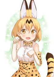 Rule 34 | 10s, 1girl, absurdres, animal ears, blonde hair, bow, bowtie, brown eyes, elbow gloves, gloves, highres, kemono friends, looking at viewer, miyabeeya, open mouth, paw pose, serval (kemono friends), serval print, serval tail, short hair, solo, striped tail, tail