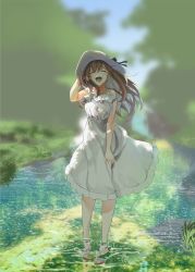 Rule 34 | 1girl, bare legs, bare shoulders, brown hair, dress, feet in water, grass, hand on own head, hat, highres, idolmaster, idolmaster shiny colors, long hair, open mouth, outdoors, pekoni (peconi), sandals, shadow, smile, solo, standing, stream, tree, tsukioka kogane, water