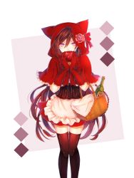 Rule 34 | 1girl, alice (pandora hearts), animal hood, apple, apron, basket, bell, bottle, braid, brown hair, brown thighhighs, capelet, cat hood, corokuro, corset, cosplay, covered mouth, cowboy shot, dress, elbow gloves, flower, food, frilled apron, frilled capelet, frills, fruit, gloves, hair between eyes, hands up, highres, holding, holding basket, holding food, holding fruit, hood, hood up, hoodie, jingle bell, legs together, little red riding hood, little red riding hood (grimm), little red riding hood (grimm) (cosplay), long hair, looking at viewer, miniskirt, pandora hearts, purple eyes, red apple, red capelet, red ribbon, red skirt, ribbon, rose, side braids, skirt, skirt set, slit pupils, solo, thighhighs, transparent background, very long hair, waist apron, wine bottle