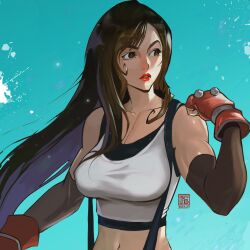 Rule 34 | 1girl, absurdres, aqua background, bare shoulders, black bra, black gloves, bra, breasts, brown eyes, brown hair, cleavage, clenched hand, collarbone, crop top, dated, elbow gloves, final fantasy, final fantasy vii, final fantasy vii remake, fingerless gloves, fumezu1, gloves, highres, large breasts, long hair, looking to the side, midriff, muscular, muscular female, navel, parted lips, red gloves, red lips, shirt, signature, sleeveless, sleeveless shirt, solo, sports bra, suspenders, tifa lockhart, underwear, upper body, white shirt