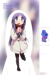 Rule 34 | 1girl, bad id, bad pixiv id, blush, character name, coat, copyright name, english text, highres, hinata yukari, loafers, looking at viewer, mittens, okayparium, open mouth, pantyhose, purple eyes, purple hair, red scarf, scarf, shoes, smile, solo, thighhighs, yuyushiki
