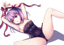Rule 34 | 1girl, armpits, bare legs, bare shoulders, bdsm, blunt bangs, bondage, bound, bound wrists, breasts, collarbone, euforia, eyebrows, fate/grand order, fate (series), helena blavatsky (fate), legs up, leotard, lying, on back, open mouth, purple eyes, purple hair, red ribbon, ribbon, sefirot, short hair, simple background, small breasts, solo, spread legs, strapless, strapless leotard, white background