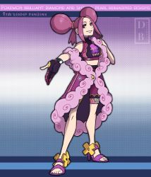Rule 34 | 1girl, bike shorts, coat, commentary, copyright name, creatures (company), double bun, dreambig, dynamax band, eyelashes, eyeshadow, fantina (pokemon), full body, game freak, gloves, hair bun, hand up, high heels, highres, knees, long hair, makeup, nintendo, off shoulder, parted lips, partially fingerless gloves, pokemon, pokemon dppt, purple coat, purple eyeshadow, purple footwear, purple hair, red eyes, shirt, single glove, sleeveless, sleeveless shirt, smile, solo, standing, toes, watermark