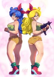 Rule 34 | 2girls, ass, back-to-back, bare legs, blonde hair, blue eyes, blue hair, breasts, brown gloves, commentary, curly hair, dark persona, dragon ball, dragon ball (classic), dual persona, earrings, english commentary, female focus, fingerless gloves, gloves, green eyes, gun, hairband, highres, holding, holding gun, holding weapon, jewelry, kneepits, large breasts, long hair, looking back, loose socks, lunch (bad) (dragon ball), lunch (dragon ball), lunch (good) (dragon ball), machine pistol, multiple girls, red footwear, red hairband, red ribbon, ribbon, short shorts, shorts, socks, standing, strap gap, strapless, stud earrings, submachine gun, symmetry, tovio rogers, tube top, uzi, weapon