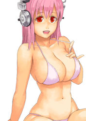 Rule 34 | 1girl, :d, bikini, breasts, cleavage, halterneck, headphones, large breasts, looking at viewer, navel, nitroplus, open mouth, pink hair, red eyes, simple background, skindentation, smile, solo, strap lift, super sonico, swimsuit, white background, yuuji (and)
