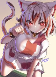 Rule 34 | 1girl, animal ears, bell, breasts, calico, cat ears, cat girl, cat tail, commentary request, crop top, goutokuji mike, jingle bell, maneki-neko, medium breasts, medium skirt, multicolored clothes, multicolored hair, multicolored shirt, multicolored skirt, one-hour drawing challenge, onomiya, orange eyes, patch, patchwork clothes, paw pose, short hair, skirt, streaked hair, tail, touhou, white hair