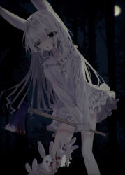 1girl animal animal_ears axe blood blood_on_clothes blood_on_face blood_on_leg bloody_weapon blunt_bangs dress empty_eyes feet_out_of_frame forest frilled_dress frills full_moon grey_eyes hayu_(hayu0305) holding holding_axe long_hair long_sleeves looking_at_viewer moon moonlight nature night night_sky open_mouth original outdoors parted_lips rabbit rabbit_ears rabbit_girl rabbit_tail short_dress sky sleeves_past_wrists solo tail tree weapon white_dress white_hair