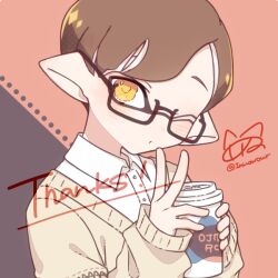 Rule 34 | 1boy, artist name, black-framed eyewear, black background, brown background, brown hair, buttons, coffee cup, collared shirt, commentary request, cup, disposable cup, glasses, holding, holding cup, inkling, inkling boy, inkling player character, inuowour, male focus, nintendo, one eye closed, pointy ears, shirt, short hair, signature, solo, splatoon (series), thank you, two-tone background, upper body, v, white shirt, yellow eyes
