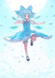Rule 34 | 1girl, black footwear, bloomers, blue bow, blue dress, blue eyes, blue hair, bow, character name, cirno, cloud, commentary, dress, flying, frills, hair bow, ice, ice wings, mary janes, md5 mismatch, red bow, resolution mismatch, satyuas, shoes, short hair, short sleeves, sky, socks, solo, source larger, sun, touhou, underwear, white socks, wings