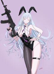 Rule 34 | ak-12, ak-12 (girls&#039; frontline), alternate costume, animal ears, assault rifle, between breasts, black leotard, breasts, cleavage, closed mouth, collar, commentary, cowboy shot, detached collar, fake animal ears, fake tail, gincho, girls&#039; frontline, gun, hand on own hip, highleg, highleg leotard, highres, holding, holding gun, holding weapon, kalashnikov rifle, leotard, long hair, necktie, necktie between breasts, parted lips, playboy bunny, purple background, purple necktie, rabbit ears, rabbit tail, rifle, single leg pantyhose, skindentation, smile, tail, thigh strap, trigger discipline, weapon, white collar, white hair, wrist cuffs