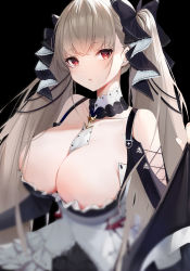Rule 34 | 1girl, absurdres, azur lane, between breasts, blurry, blurry foreground, blush, breasts, brooch, collarbone, detached collar, formidable (azur lane), frills, grey hair, gulu qaq, hair ribbon, highres, jewelry, large breasts, looking at viewer, parted lips, red eyes, ribbon, solo, twintails, upper body