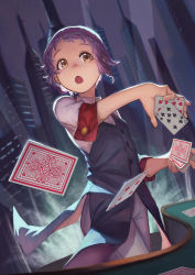 Rule 34 | :o, absurdres, bad id, bad pixiv id, black vest, card, highres, holding, holding card, idolmaster, idolmaster million live!, idolmaster million live! theater days, konoike (pepe expect), open mouth, outdoors, playing card, purple hair, short hair, solo, standing, vest, yellow eyes