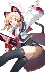 Rule 34 | 1girl, absurdres, animal ear headphones, animal ears, apaapazo, arm up, assault rifle, blonde hair, blue archive, blue necktie, bow, cat ear headphones, cat tail, collared shirt, fake animal ears, gun, hair bow, halo, headphones, highres, hood, hooded jacket, jacket, long sleeves, momoi (blue archive), multicolored clothes, multicolored jacket, necktie, open mouth, parted bangs, pink eyes, pleated skirt, red bow, red ribbon, ribbon, rifle, shirt, skirt, solo, suspenders, tail, thighhighs, two-tone skirt, weapon, white jacket, white shirt, wide sleeves