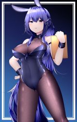 Rule 34 | 1girl, absurdres, animal ears, azur lane, blue background, bodystocking, breasts, cleavage, covered erect nipples, detached collar, fake animal ears, highres, holding, huge filesize, leotard, long hair, new jersey (azur lane), new jersey (exhilarating steps!) (azur lane), official alternate costume, oversized breast cup, pantyhose, playboy bunny, purple eyes, purple hair, purple leotard, rabbit ears, samip, see-through, see-through cleavage, simple background, solo, strapless, strapless leotard, very long hair, wrist cuffs