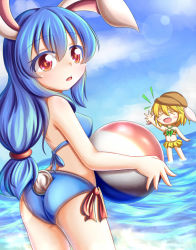 Rule 34 | &gt; &lt;, 2girls, :d, absurdres, alternate costume, animal ears, arm up, ass, ball, beachball, bikini, bikini skirt, blonde hair, blue bikini, blue hair, blue sky, cloud, day, dior-zi, closed eyes, flat ass, flat cap, floppy ears, from behind, hat, highres, lens flare, long hair, looking at viewer, looking back, low-tied long hair, multiple girls, ocean, open mouth, parted lips, rabbit ears, rabbit tail, red eyes, ringo (touhou), seiran (touhou), short hair, side-tie bikini bottom, sky, smile, swimsuit, tail, teeth, touhou, wading, yellow bikini