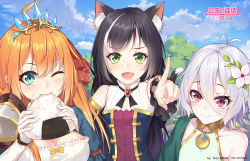 Rule 34 | 3girls, ahoge, animal ear fluff, animal ears, arm up, armlet, armor, artist name, black hair, black neckwear, black ribbon, blue eyes, blue sky, breasts, brooch, cat ears, cat tail, chinese commentary, cloud, commentary request, copyright name, day, dress, eating, elbow gloves, fang, flat chest, flower, food, food in mouth, foreshortening, ge zhong kuaile, gloves, green eyes, hair between eyes, hair flower, hair ornament, hair ribbon, holding, holding food, jewelry, karyl (princess connect!), kokkoro (princess connect!), large breasts, long hair, looking at viewer, multicolored hair, multiple girls, one eye closed, onigiri, open mouth, orange hair, outdoors, outstretched arm, pauldrons, pecorine (princess connect!), pendant, pink eyes, pointing, pointing at viewer, pointy ears, princess connect!, purple shirt, ribbon, shirt, short hair, shoulder armor, silver hair, skin fang, sky, sleeveless, sleeveless dress, sleeveless shirt, small breasts, smile, streaked hair, swept bangs, tail, tiara, tree, upper body, very long hair, white dress, white gloves