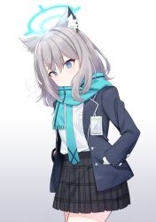 Rule 34 | 1girl, animal ear fluff, animal ears, aqua scarf, black jacket, black skirt, blazer, blue archive, blue eyes, closed mouth, dated, gradient background, grey hair, halo, hands in pockets, id card, jacket, long sleeves, open clothes, open jacket, plaid, plaid skirt, pleated skirt, scarf, shiroko (blue archive), shirt, signature, simple background, skirt, solo, tomamatto, white shirt
