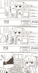 Rule 34 | ..., 10s, 2girls, 3koma, anger vein, bored, comic, convenience store, covering own mouth, employee uniform, hair ribbon, highres, inishie, jitome, kaga (kancolle), kantai collection, laughing, lawson, monochrome, multiple girls, name tag, open mouth, ribbon, shop, side ponytail, spoken ellipsis, sweatdrop, translated, trembling, twintails, uniform, wavy mouth, zuikaku (kancolle)