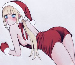 Rule 34 | 1girl, ass, backless dress, backless outfit, blonde hair, blue eyes, blunt bangs, blush, breasts, christmas, dress, gloves, grey background, haioku colonel, hair ornament, hair scrunchie, hat, highres, long hair, medium breasts, o3o, original, ponytail, red dress, red gloves, santa costume, santa hat, scrunchie, sideboob, simple background, solo