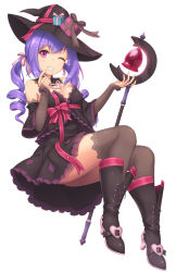 Rule 34 | 1girl, ass, bell, black hat, black thighhighs, boots, bow, box, breasts, cleavage, detached collar, dress, drill hair, fingerless gloves, frilled dress, frills, full body, gift, gift box, gloves, grin, hair ribbon, hat, hat ribbon, heart, holding, holding staff, knee boots, long hair, looking at viewer, medium breasts, one eye closed, original, pink eyes, purple hair, ribbon, sasaame, simple background, sleeveless, sleeveless dress, smile, solo, staff, teeth, thighhighs, twin drills, twintails, white background, witch, witch hat