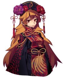 Rule 34 | 1girl, bad id, bad twitter id, chinese clothes, crescent, flower, flower request, hat, hat flower, junko (touhou), long hair, long sleeves, orange hair, ori (yellow duckling), red eyes, sash, simple background, solo, tabard, touhou, upper body, very long hair, white background, wide sleeves