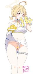 Rule 34 | 1girl, ?, absurdres, ahoge, artist name, blonde hair, blue archive, blush, breasts, censored, cheerleader, cleavage, closed mouth, clothing aside, collarbone, dot nose, feet out of frame, gloves, gluteal fold, halo, heart, heart censor, highres, holding, holding pom poms, kotori (blue archive), kotori (cheer squad) (blue archive), large breasts, lifting own clothes, millennium cheerleader outfit (blue archive), navel, panties, panties aside, pom pom (cheerleading), pom poms, pubic hair, pussy, red eyes, rogeridoskenzen, short twintails, simple background, skirt, solo, straight-on, translation request, triangle halo, twintails, underwear, white background, white gloves, white panties, white skirt, wing collar, yellow halo