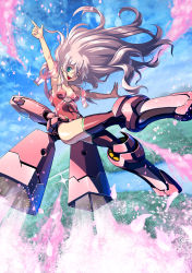 Rule 34 | 1girl, absurdres, armpits, blonde hair, breasts, cherry blossoms, day, flying, green eyes, highres, kamina pose, kaneko tsukasa, long hair, mecha, mecha musume, original, outstretched arms, petals, pointing, pointing up, robot, see-through, sky, solo, spread arms, thighhighs, thrusters