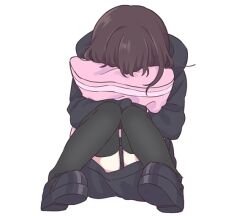 Rule 34 | 1girl, black hoodie, black thighhighs, covered face, hood, hoodie, nanase kurumi (menhera-chan), hugging object, original, pillow, pillow hug, pomu (joynet), solo, thighhighs