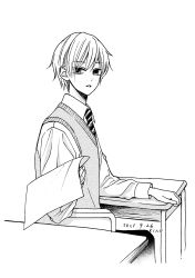 Rule 34 | 1boy, absurdres, arm rest, artist name, chair, collared shirt, commentary request, dated, desk, diagonal-striped clothes, diagonal-striped necktie, greyscale, highres, holding, holding paper, kinoshita honoka, leo to mikazuki, long sleeves, looking back, male focus, monochrome, necktie, on chair, paper, parted lips, school chair, school desk, school uniform, shirt, short hair, sitting, solo, striped clothes, sweater vest, upper body, yodaka chiaki
