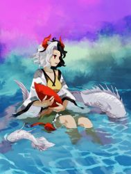 Rule 34 | 1girl, animal ears, animal print, black hair, commentary request, cow ears, cow girl, cow horns, cow print, cow tail, crop top, fins, fish, fish tail, frilled shorts, frills, grey hair, haori, highres, holding, horns, japanese clothes, kaigen 1025, long sleeves, looking to the side, multicolored hair, partially submerged, red horns, red tail, shorts, sitting, split-color hair, statue, tail, tank top, touhou, two-tone hair, ushizaki urumi, yellow shorts, yellow tank top