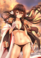 Rule 34 | 1girl, aiguillette, arm at side, azur lane, bikini, bikini under clothes, black bikini, black jacket, blurry, blush, breasts, brown hair, cleavage, closed mouth, cloud, cloudy sky, contrapposto, cowboy shot, depth of field, epaulettes, floating hair, frown, gem, gloves, hair between eyes, highres, horns, jacket, jacket on shoulders, large breasts, long hair, long sleeves, looking at viewer, mikasa (azur lane), military, military jacket, military uniform, navel, ocean, open clothes, open jacket, outdoors, pearl (gemstone), sheat, sheath, sheathed, side-tie bikini bottom, sky, solo, standing, stomach, swimsuit, toenketsu, uniform, very long hair, water, white gloves, wind, yellow eyes