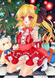 Rule 34 | 10s, 1girl, 2010, :d, alternate costume, blonde hair, boots, checkered floor, christmas, christmas tree, cross-laced footwear, dated, embodiment of scarlet devil, fang, female focus, flandre scarlet, frills, gift, hair ornament, hair ribbon, hat, highres, holly, holly hair ornament, lace-up boots, looking at viewer, marker (medium), mocomoco party, no headwear, open mouth, panties, pantyshot, plaid, plaid ribbon, ponytail, red eyes, ribbon, short hair, side ponytail, signature, smile, solo, sparkle, striped clothes, striped panties, stuffed animal, stuffed toy, teddy bear, touhou, traditional media, underwear, white footwear, wings