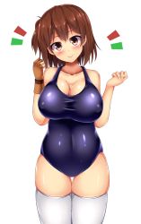 Rule 34 | 10s, 1girl, bare shoulders, blush, breasts, brown gloves, brown hair, collarbone, covered erect nipples, gloves, head tilt, hiryuu (kancolle), kantai collection, large breasts, looking at viewer, new school swimsuit, one-piece swimsuit, one side up, partially fingerless gloves, partly fingerless gloves, school swimsuit, short hair, simple background, single glove, skindentation, smile, solo, swimsuit, thighhighs, white background, white thighhighs, yahiro (anhnw), yugake