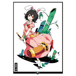Rule 34 | 1girl, adapted costume, alternate costume, animal ears, bamboo, black hair, bow, rabbit ears, carrot, character name, embellished costume, hammer, ideolo, inaba tewi, leaf, long skirt, looking at viewer, open mouth, puffy sleeves, red eyes, short hair, short sleeves, skirt, smile, socks, solo, touhou, vest