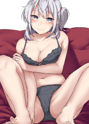 Rule 34 | 1girl, absurdres, bare arms, bare legs, bare shoulders, black bra, blue eyes, blush, bra, breasts, cleavage, closed mouth, collarbone, commentary request, feet, hair between eyes, highres, kantai collection, kiritto, large breasts, long hair, long sleeves, looking at viewer, navel, one side up, open clothes, panties, silver hair, sitting, smile, solo, spread legs, suzutsuki (kancolle), sweat, underwear, underwear only