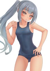 Rule 34 | 1girl, absurdres, alternate costume, blue one-piece swimsuit, breasts, brown eyes, grey hair, highres, kantai collection, kasumi (kancolle), long hair, looking at viewer, makura (y makura), navel, one-piece swimsuit, school swimsuit, side ponytail, simple background, small breasts, solo, swimsuit, tan, variant set, white background