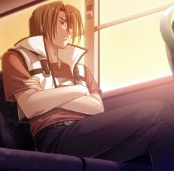 Rule 34 | character request, male focus, sitting, source request, tagme, train, train interior, window