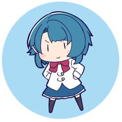 Rule 34 | &gt;:), 1girl, aizawa kazuha, assault lily, asymmetrical hair, black thighhighs, blue background, blue hair, blue skirt, blush, bow, bowtie, chibi, closed mouth, commentary, full body, hair ornament, hairclip, hands on own hips, herensuge girls academy school uniform, jacket, long sleeves, looking at viewer, lowres, masaki itsuki, medium hair, miniskirt, red bow, red bowtie, round image, school uniform, simple background, skirt, solo, standing, thighhighs, transparent background, v-shaped eyebrows, white jacket, | |