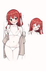 Rule 34 | 1girl, bikini, blush, bocchi the rock!, breasts, brown coat, brown eyes, closed eyes, coat, collarbone, commentary, commentary request, cropped legs, flying sweatdrops, highres, kita ikuyo, long hair, long sleeves, looking back, open mouth, red hair, rouka (akatyann), side ponytail, sidelocks, simple background, small breasts, smile, swimsuit, white background, white bikini