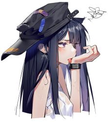 Rule 34 | 1girl, animal ears, bare shoulders, black hair, blush, breasts, ear piercing, hat, highres, kentllaall, licking, long hair, original, piercing, purple eyes, purple hair, simple background, solo, tongue, tongue out, watch, wet, wet clothes, white background, wristwatch