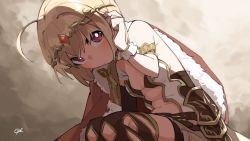 Rule 34 | 1girl, absurdres, ahoge, armlet, armor, artist name, backlighting, bandaged arm, bandages, belt, bike shorts, bikini, bikini armor, bikini top only, blonde hair, bright pupils, brown belt, brown bikini, brown cape, brown legwear, cape, closed mouth, clothing cutout, commentary, day, detached sleeves, faulds, feet out of frame, flat chest, from below, fur-trimmed cape, fur trim, gem, goe (g-o-e), tucking hair, hand up, headpiece, highres, leaning forward, leg cutout, light blush, looking at viewer, looking down, miniskirt, navel, official alternate costume, otori michiru, outdoors, pink eyes, pleated skirt, red gemstone, short hair, shorts, shorts under skirt, shoujo kageki revue starlight, shoujo kageki revue starlight -re live-, signature, single bare shoulder, single detached sleeve, sitting, skirt, solo, stomach, swimsuit, white pupils, white skirt, wrist cuffs