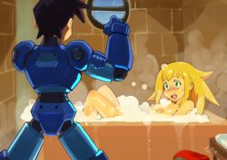 Rule 34 | 1boy, 1girl, android, bad id, bad twitter id, bath, bathroom, bathtub, black hair, blonde hair, blush, brown hair, bubble bath, clenched hand, clothed male nude female, green eyes, indoors, joints, looking at another, mega man (series), mega man legends (series), mega man legends 3, mega man volnutt, nipples, nude, optionaltypo, reclining, robot joints, roll caskett (mega man), walk-in