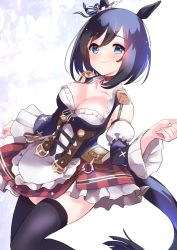 Rule 34 | 1girl, animal ears, bare shoulders, black hair, black sleeves, black thighhighs, blouse, blue eyes, blush, bob cut, breasts, cleavage, closed mouth, commentary, detached sleeves, eishin flash (umamusume), english commentary, feet out of frame, frilled skirt, frills, guraasan, hair between eyes, hand up, highres, horse ears, horse girl, horse tail, layered sleeves, long sleeves, looking at viewer, medium breasts, puffy short sleeves, puffy sleeves, shirt, short over long sleeves, short sleeves, skirt, smile, solo, striped clothes, striped skirt, tail, thighhighs, umamusume, vertical-striped clothes, vertical-striped skirt, white shirt, white sleeves, wide sleeves